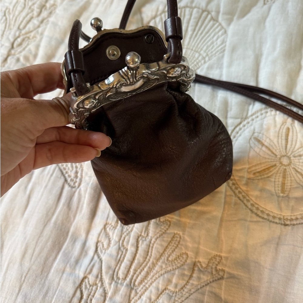 Vintage Leather Kiss Lock Mini Crossbody Bag | Boho Brown Purse - Picture 5 of 10